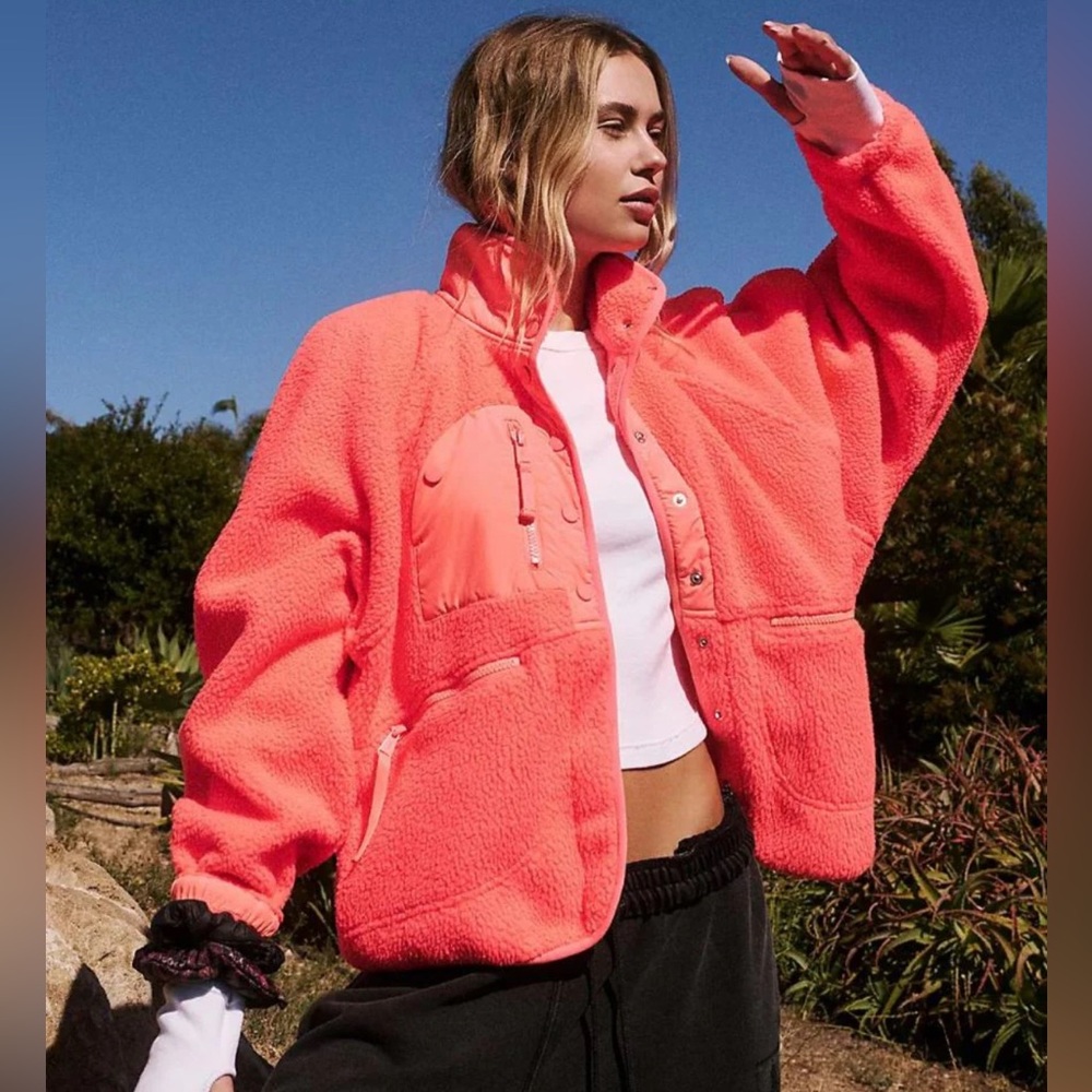 Free People Hit the Slopes Sherpa Jacket in bright neon Coral Color